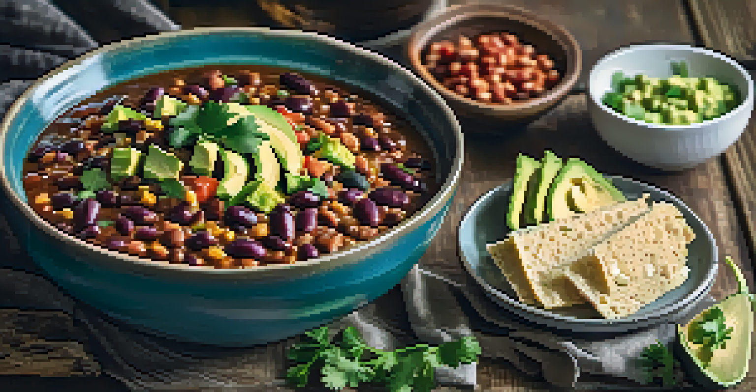 A bowl of hearty vegan chili topped with avocado, cilantro, and vegan cheese, set on a rustic wooden table.