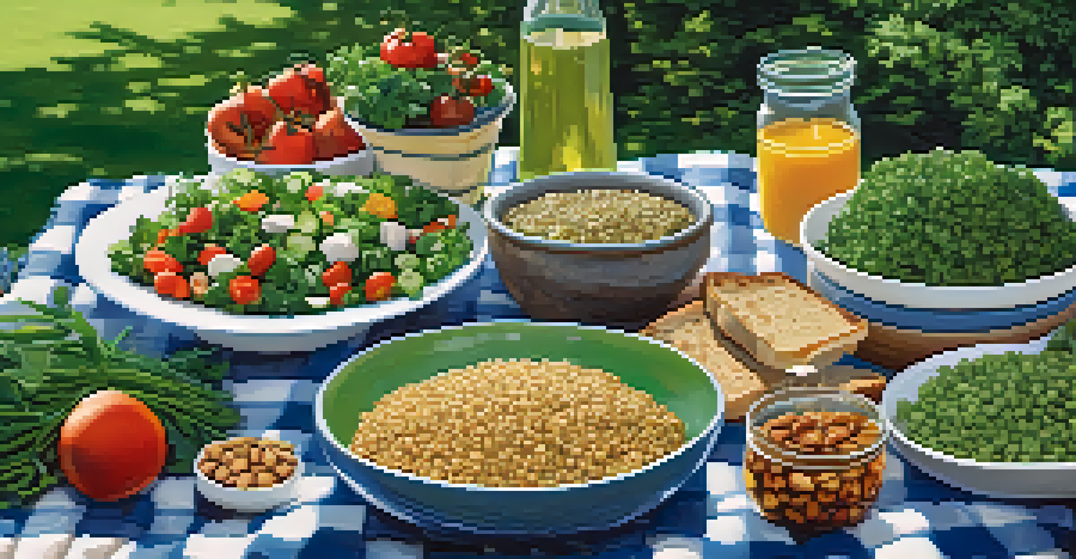 A picturesque outdoor picnic with a blanket laid out featuring a variety of plant-based dishes surrounded by greenery and a clear sky.