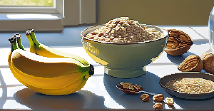 A colorful breakfast bowl of oatmeal with chia seeds, sliced bananas, and walnuts, illuminated by sunlight through a window.