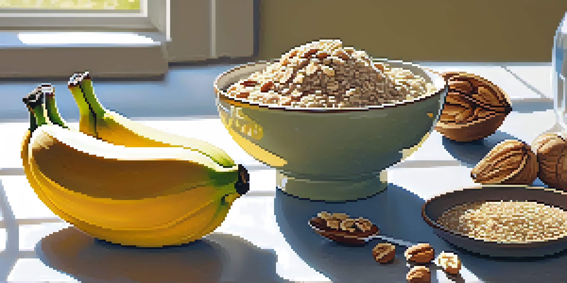 A colorful breakfast bowl of oatmeal with chia seeds, sliced bananas, and walnuts, illuminated by sunlight through a window.