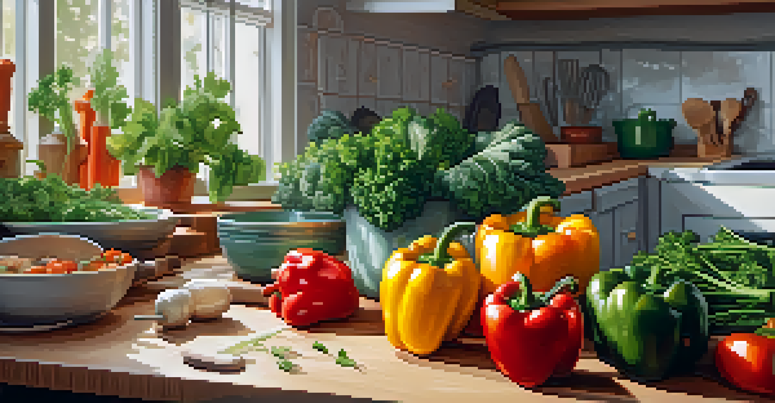 A person preparing a vegan meal in a bright kitchen, chopping fresh vegetables like bell peppers and kale, with herbs on the windowsill.