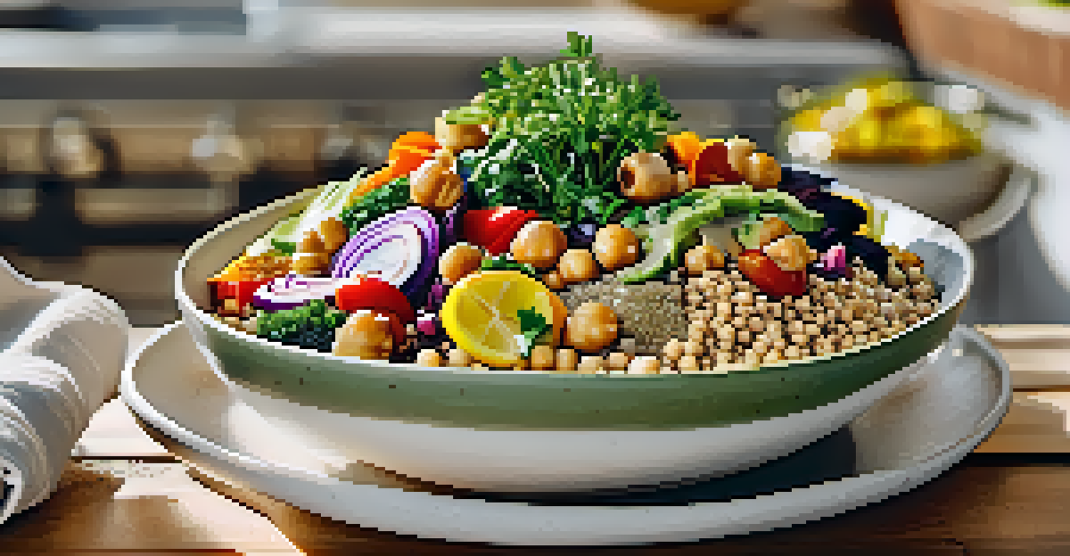 A nutritious Mediterranean grain bowl with quinoa, roasted veggies, and tahini dressing in a sunny kitchen.