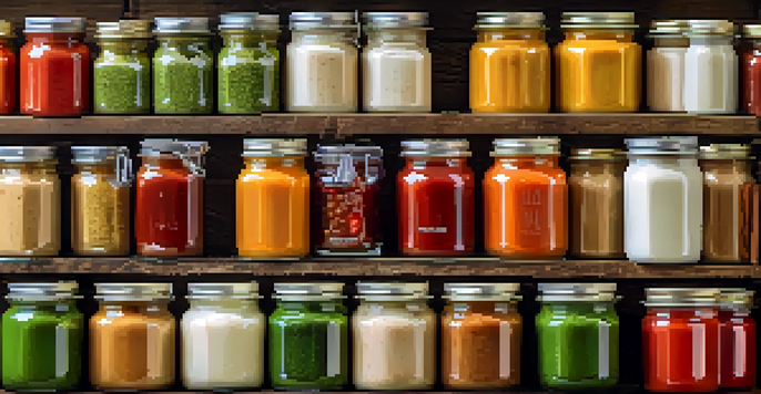 A collection of vegan sauces in glass jars with fresh ingredients around them, displayed on a wooden table.