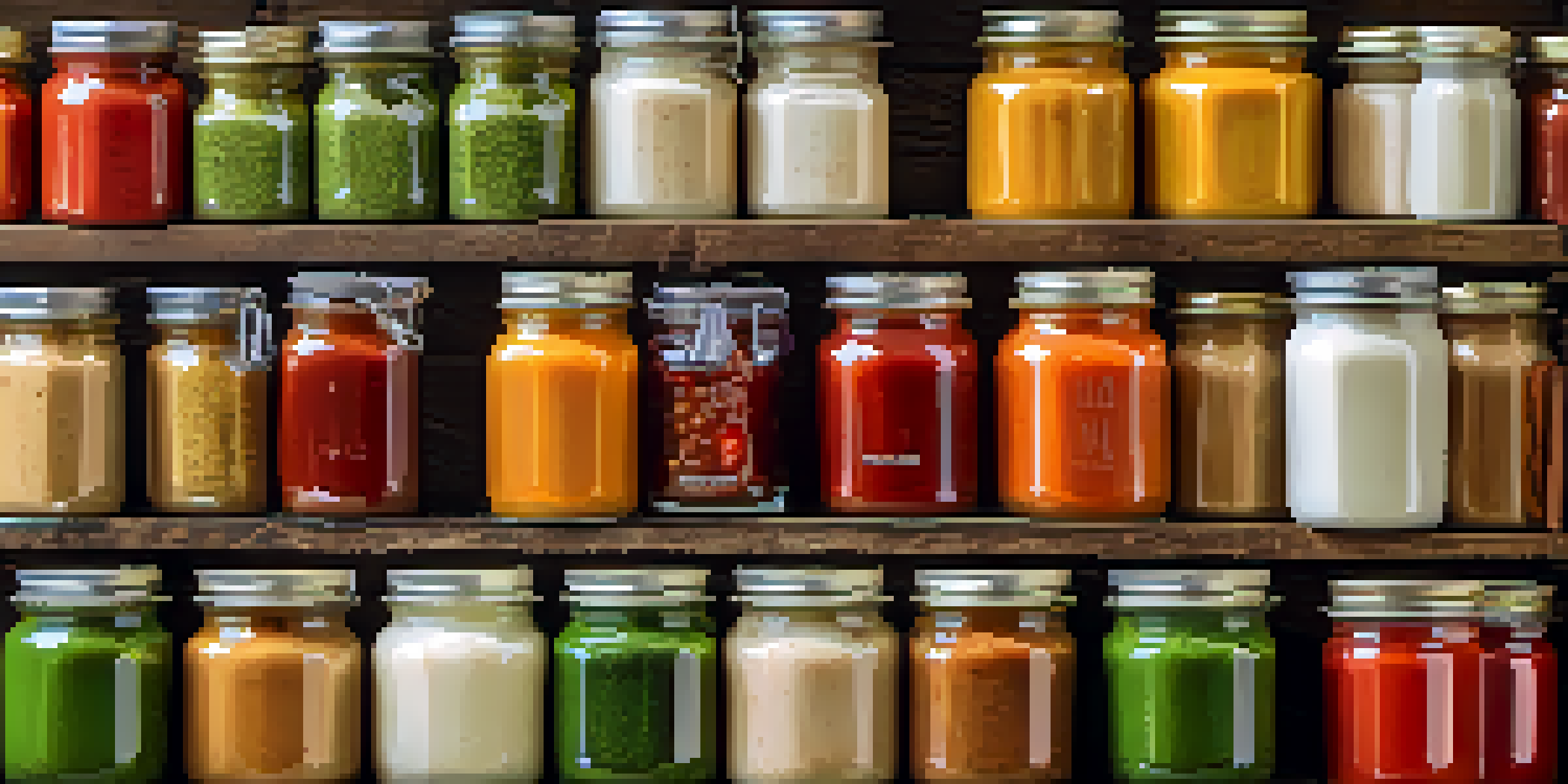 A collection of vegan sauces in glass jars with fresh ingredients around them, displayed on a wooden table.