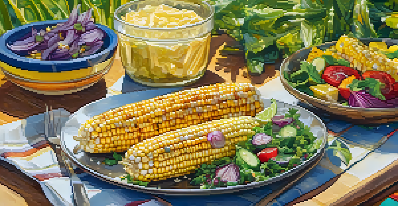 Grilled corn on the cob wrapped in foil with vegan butter, served on a picnic plate with salads in a vibrant outdoor setting.