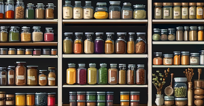 An organized vegan pantry displaying jars of grains, legumes, nuts, and spices, illuminated by soft lighting.