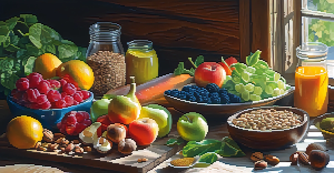 A colorful assortment of fresh fruits, vegetables, whole grains, nuts, and seeds displayed on a wooden table, illuminated by sunlight.