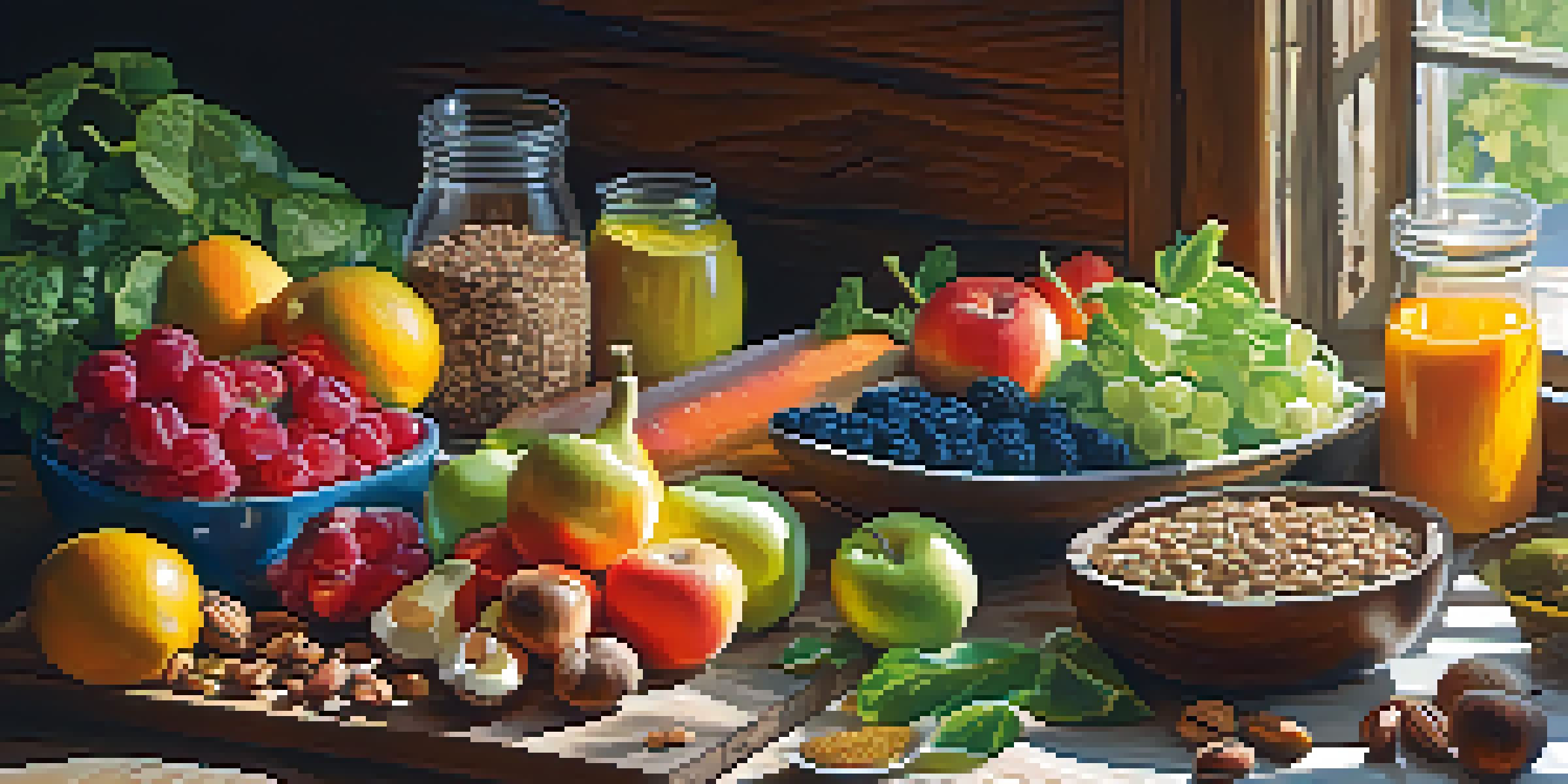 A colorful assortment of fresh fruits, vegetables, whole grains, nuts, and seeds displayed on a wooden table, illuminated by sunlight.