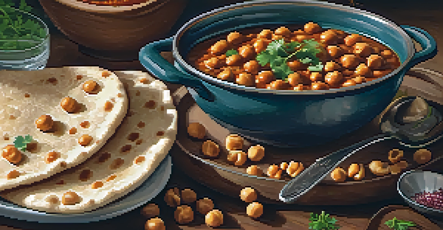 A close-up view of a chickpea curry in a rustic bowl with naan bread and fresh cilantro.