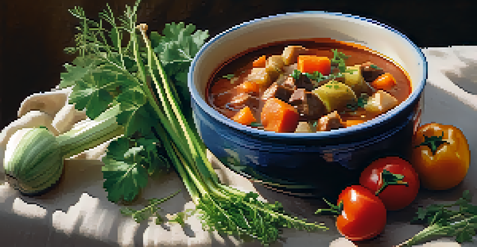 A vegan stew in a ceramic bowl on a linen tablecloth with fresh vegetables, captured in warm natural light.