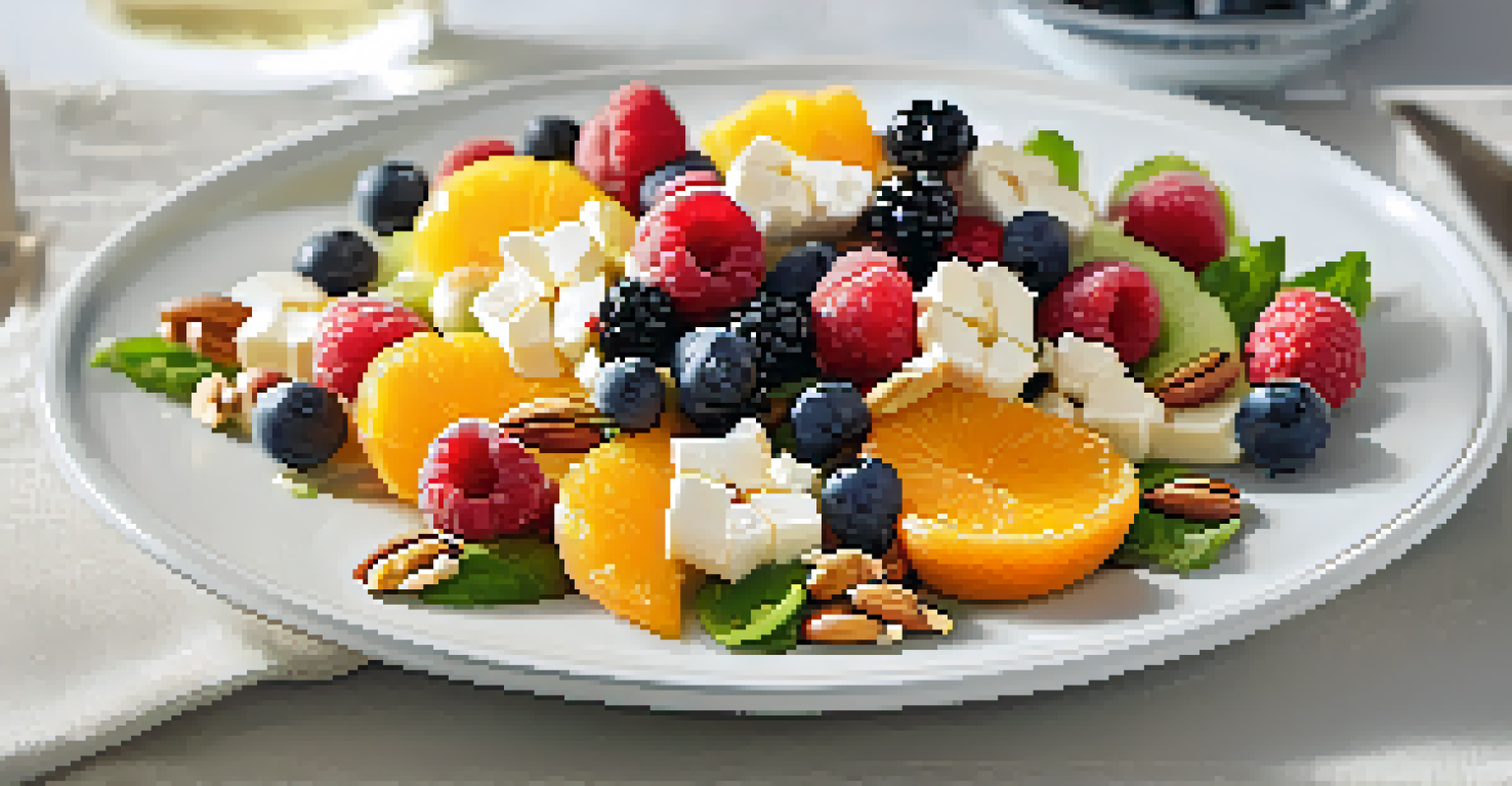 A fruit and nut salad with seasonal fruits, crunchy nuts, and drizzled with honey, garnished with feta cheese.