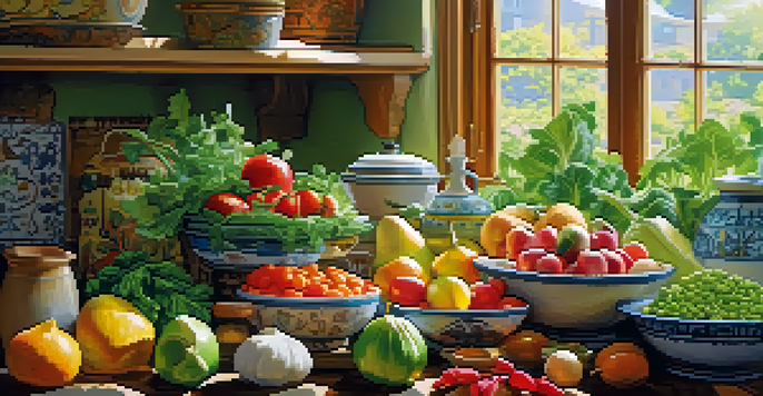 A bright kitchen table with fresh fruits, vegetables, and legumes in a sunlit room.