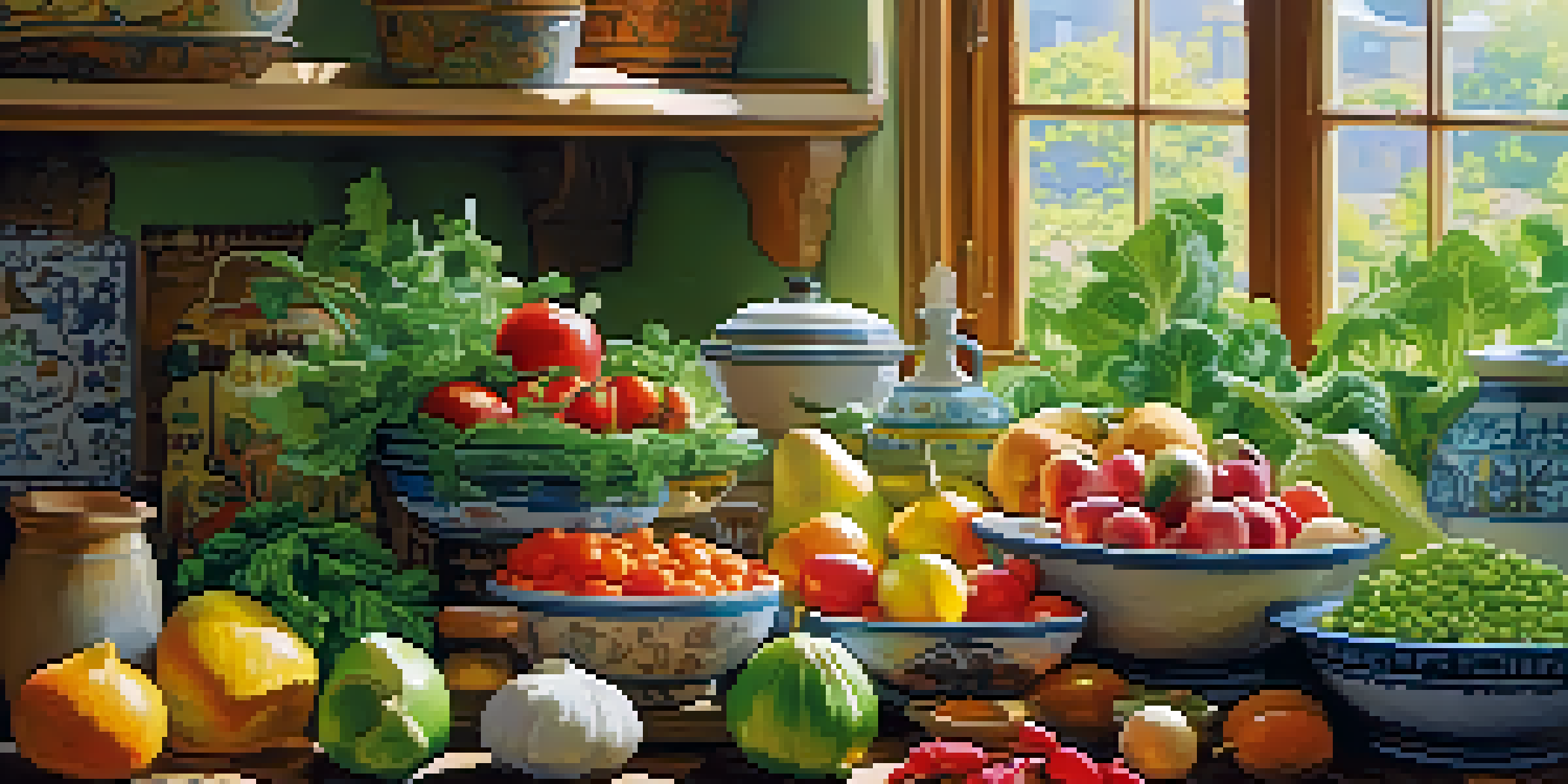 A bright kitchen table with fresh fruits, vegetables, and legumes in a sunlit room.