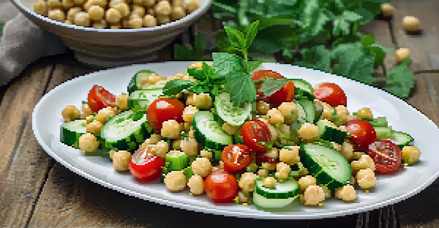A colorful vegan chickpea salad on a rustic wooden table, garnished with herbs and accompanied by a plant-based drink.