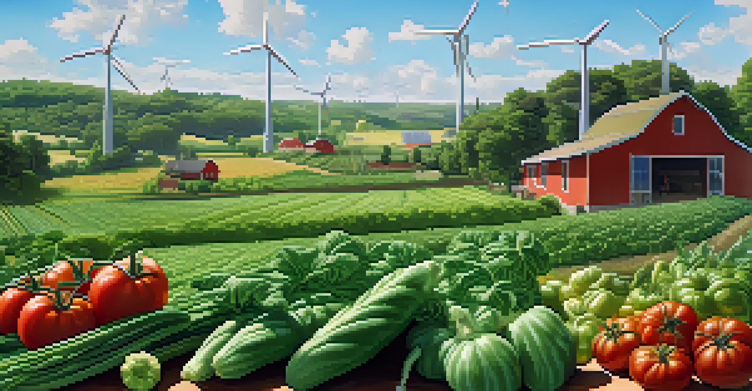 A peaceful landscape of a green field with vegetables, a sustainable farm in the background, highlighting eco-friendly farming practices.