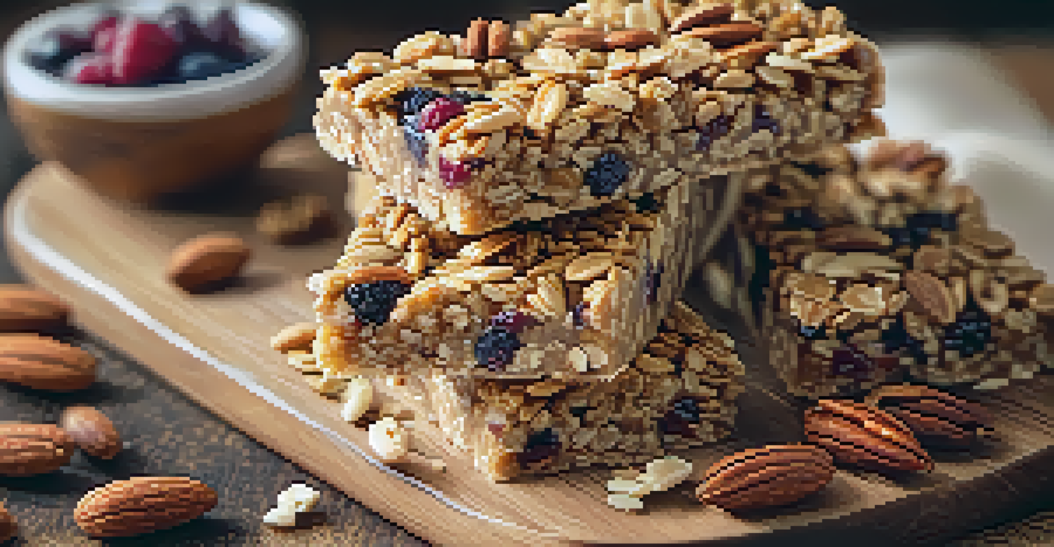 A stack of homemade granola bars on a wooden cutting board, featuring oats, nuts, and dried fruits, under soft natural lighting.