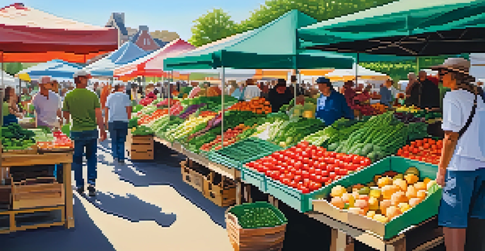 A bustling farmers' market with bright seasonal vegetables and fruits, showcasing a lively atmosphere and people engaging with the vendors.