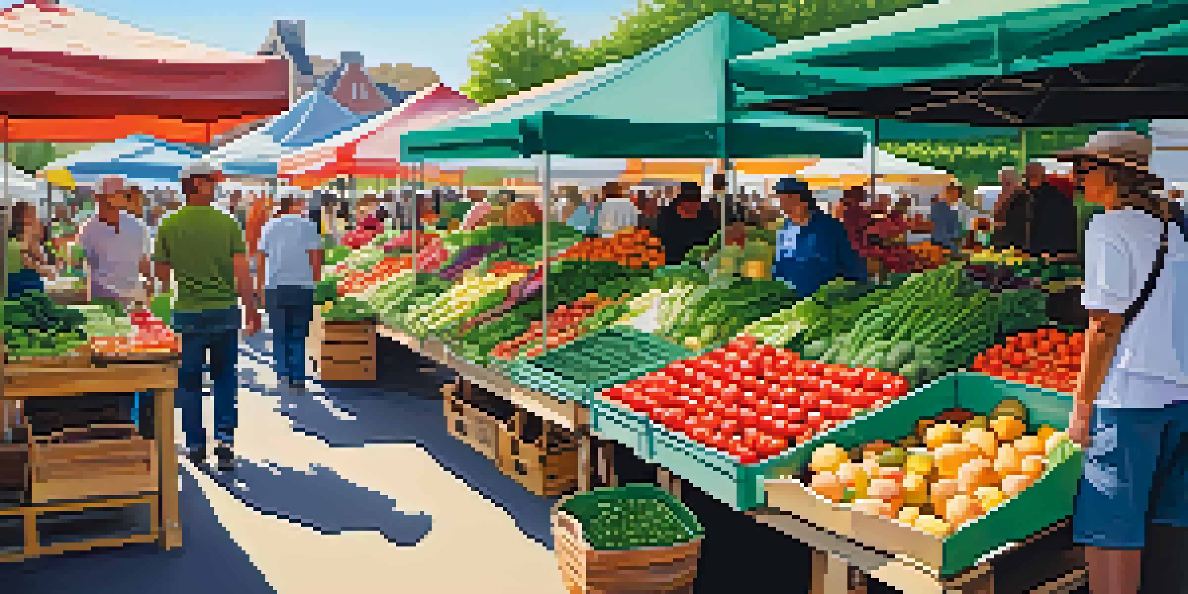 A bustling farmers' market with bright seasonal vegetables and fruits, showcasing a lively atmosphere and people engaging with the vendors.