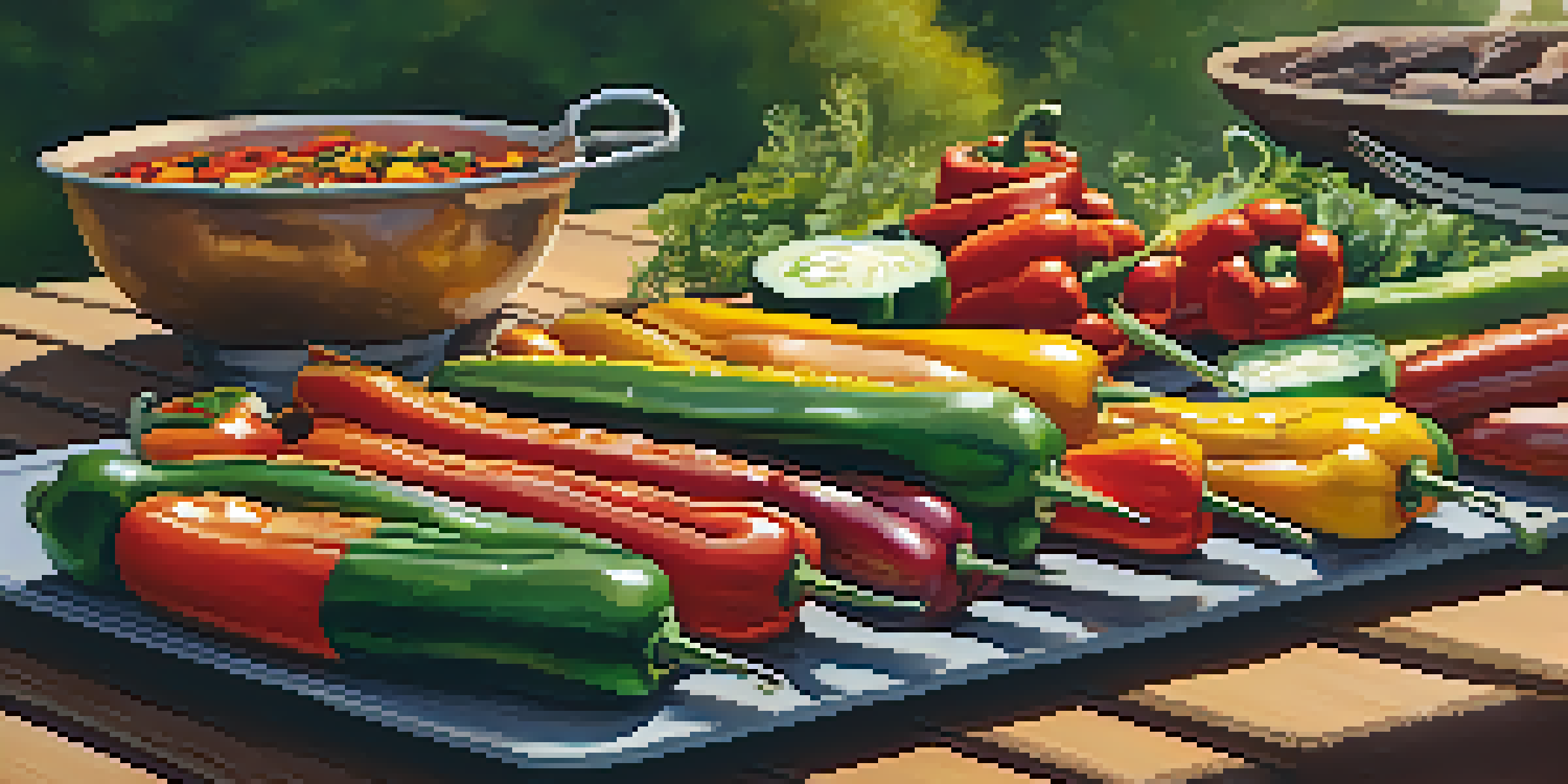 An outdoor scene of a grill with colorful vegetables being grilled, with a sunset in the background and a table of fresh herbs and marinades nearby.