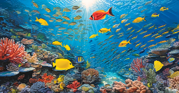 An underwater scene featuring a colorful coral reef with various fish swimming among the corals, illuminated by sunlight.