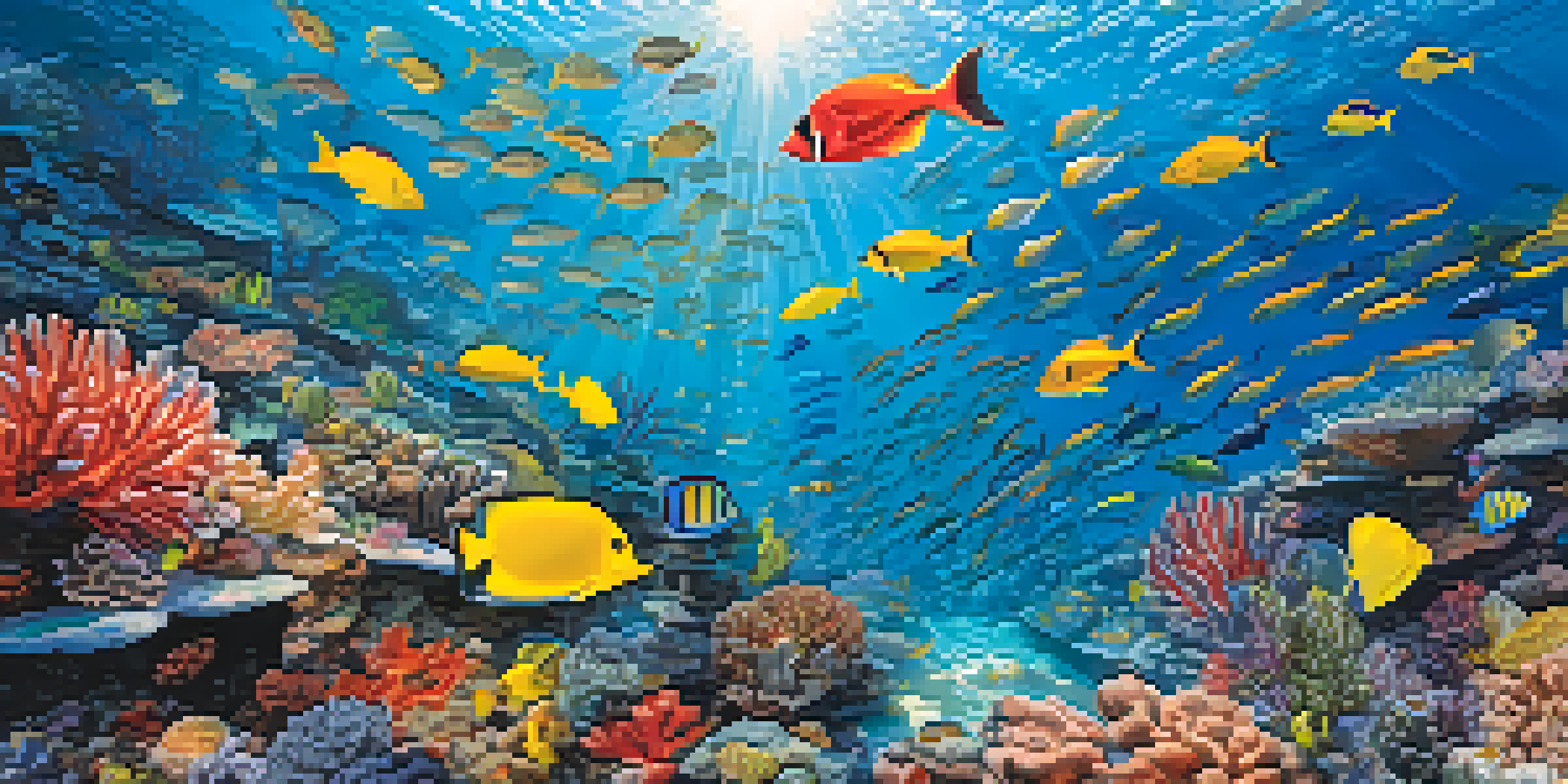 An underwater scene featuring a colorful coral reef with various fish swimming among the corals, illuminated by sunlight.