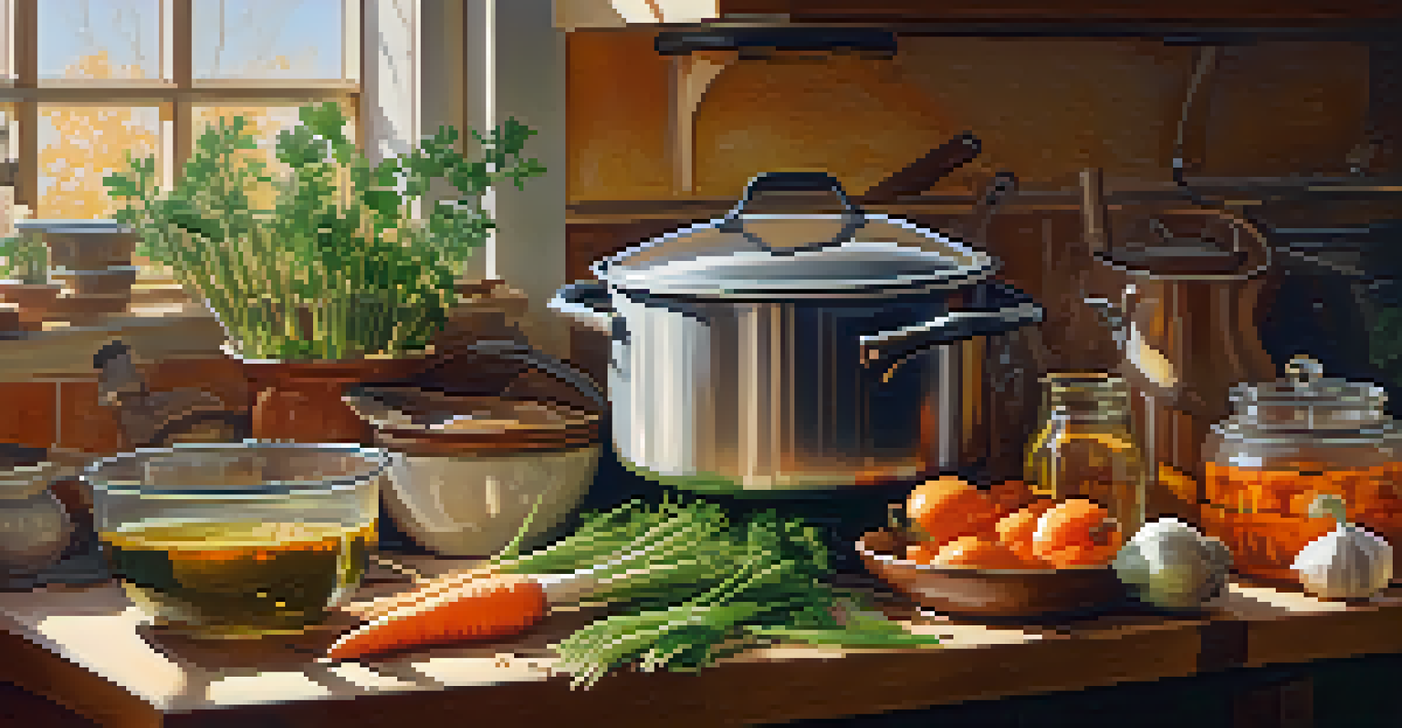 A pot of simmering vegetable broth with scraps, surrounded by fresh vegetables in a cozy kitchen.