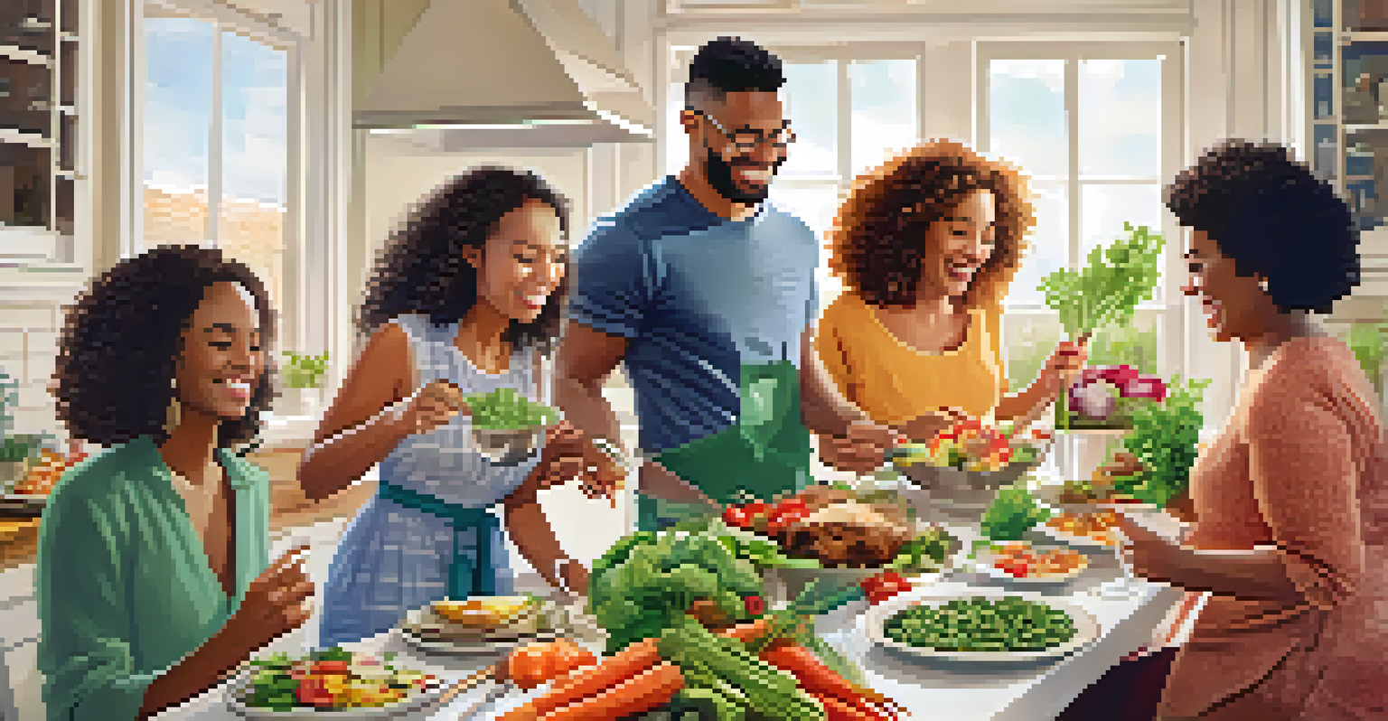 A group of friends joyfully participating in a cooking challenge at a dinner party.