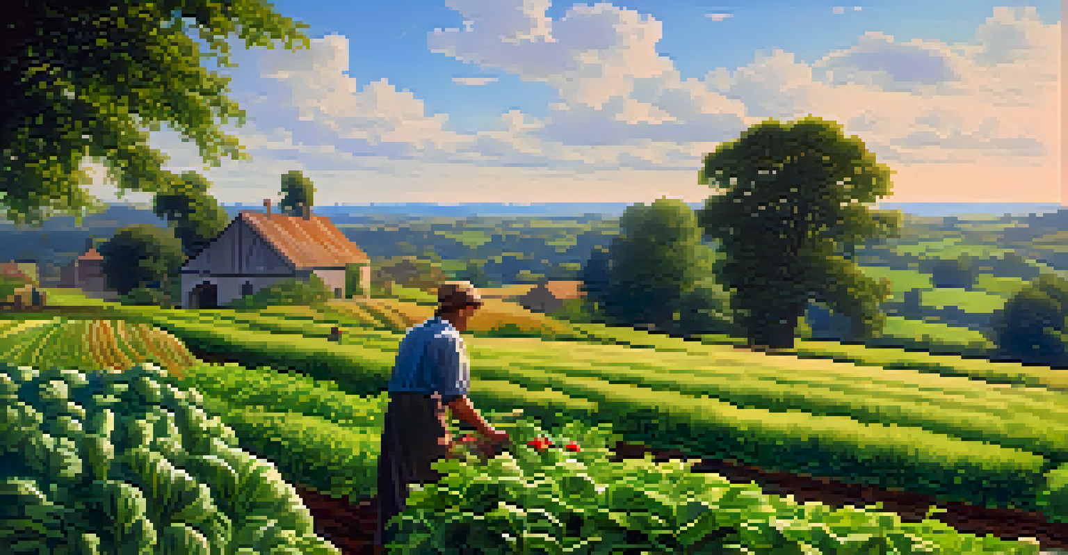 A peaceful green field with diverse crops and a farmer tending to a garden, under a clear blue sky with soft clouds.