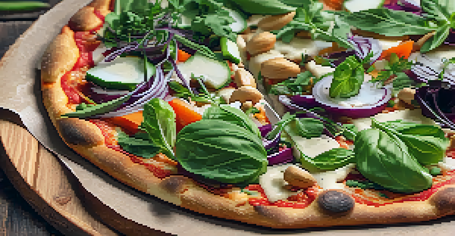 A close-up of a vegan pizza topped with cashew cheese and fresh vegetables on a wooden table.