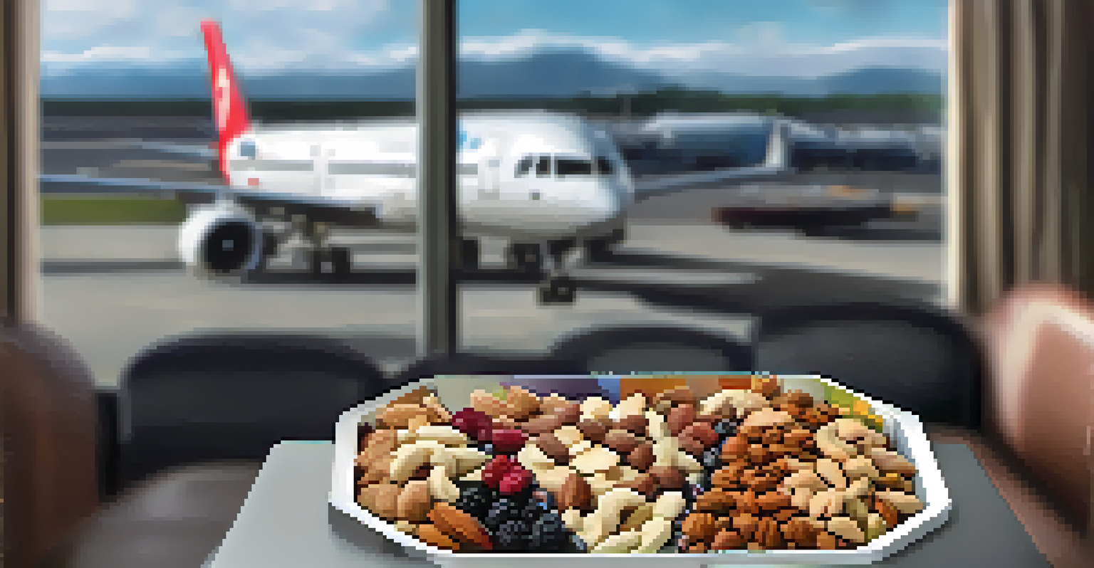 A close-up of a hand holding a nutritious snack pack of nuts and dried fruit in an airport lounge.