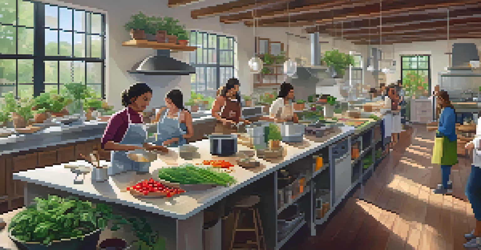 A cooking class with participants learning to make vegan dishes in a bright and welcoming environment filled with plants and ingredients.