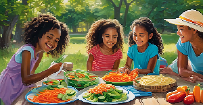 Children joyfully assembling colorful vegetable wraps with fresh ingredients on a picnic table, surrounded by vibrant vegetables and tortillas.