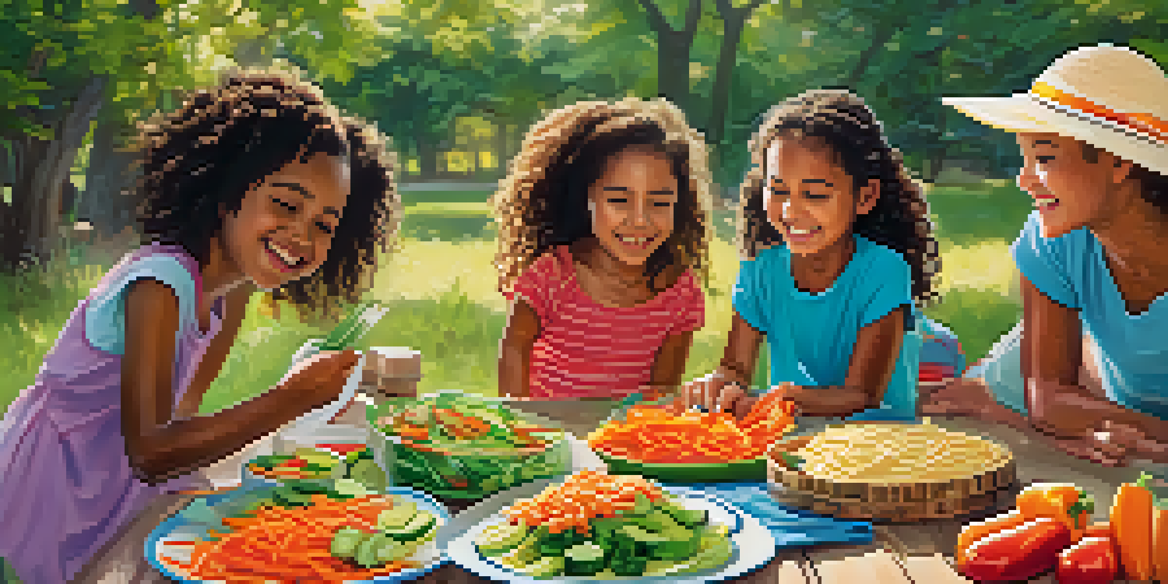 Children joyfully assembling colorful vegetable wraps with fresh ingredients on a picnic table, surrounded by vibrant vegetables and tortillas.