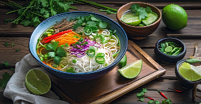 A bowl of vegan pho with rice noodles, fresh herbs, and vegetables, garnished with lime and chili on a wooden table.