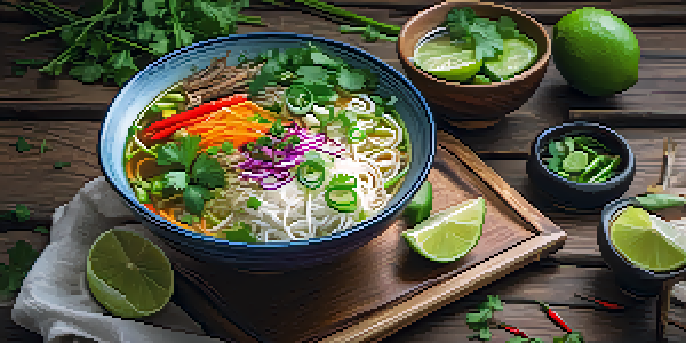 A bowl of vegan pho with rice noodles, fresh herbs, and vegetables, garnished with lime and chili on a wooden table.