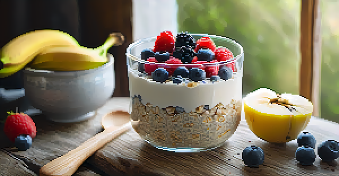 A bowl of overnight oats decorated with fresh berries and bananas, placed on a wooden table with soft morning light.