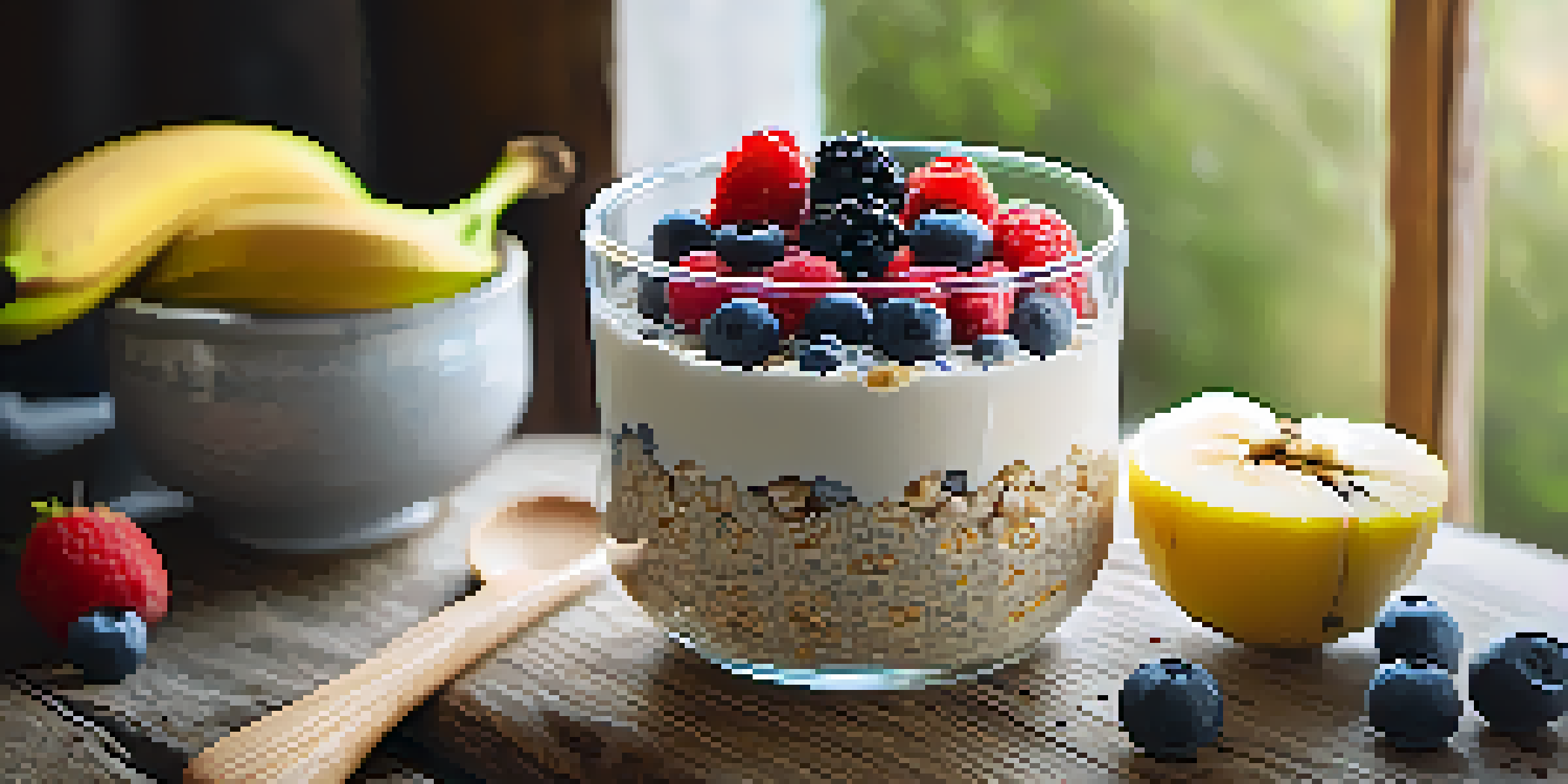 A bowl of overnight oats decorated with fresh berries and bananas, placed on a wooden table with soft morning light.