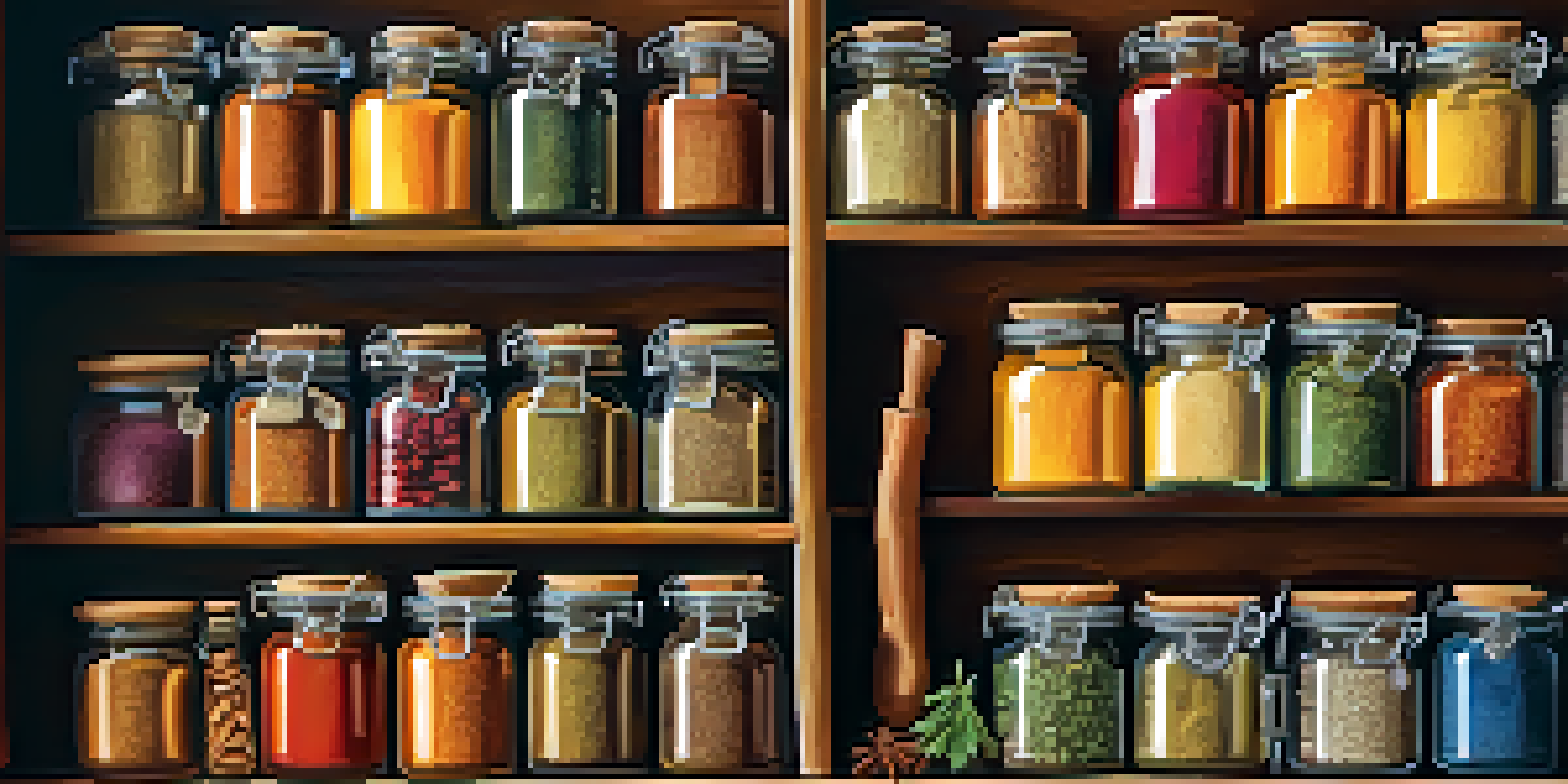 A colorful spice rack displaying various spices in glass jars, organized on a wooden shelf with sunlight illuminating the scene.