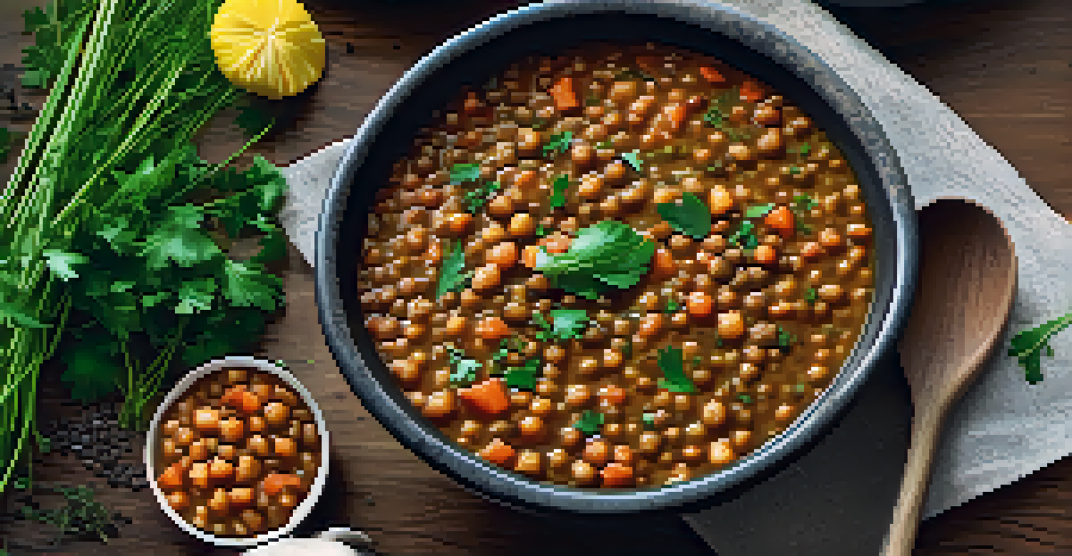 A close-up of a bowl of lentil stew garnished with herbs and spices, showcasing its rich colors and inviting presentation.
