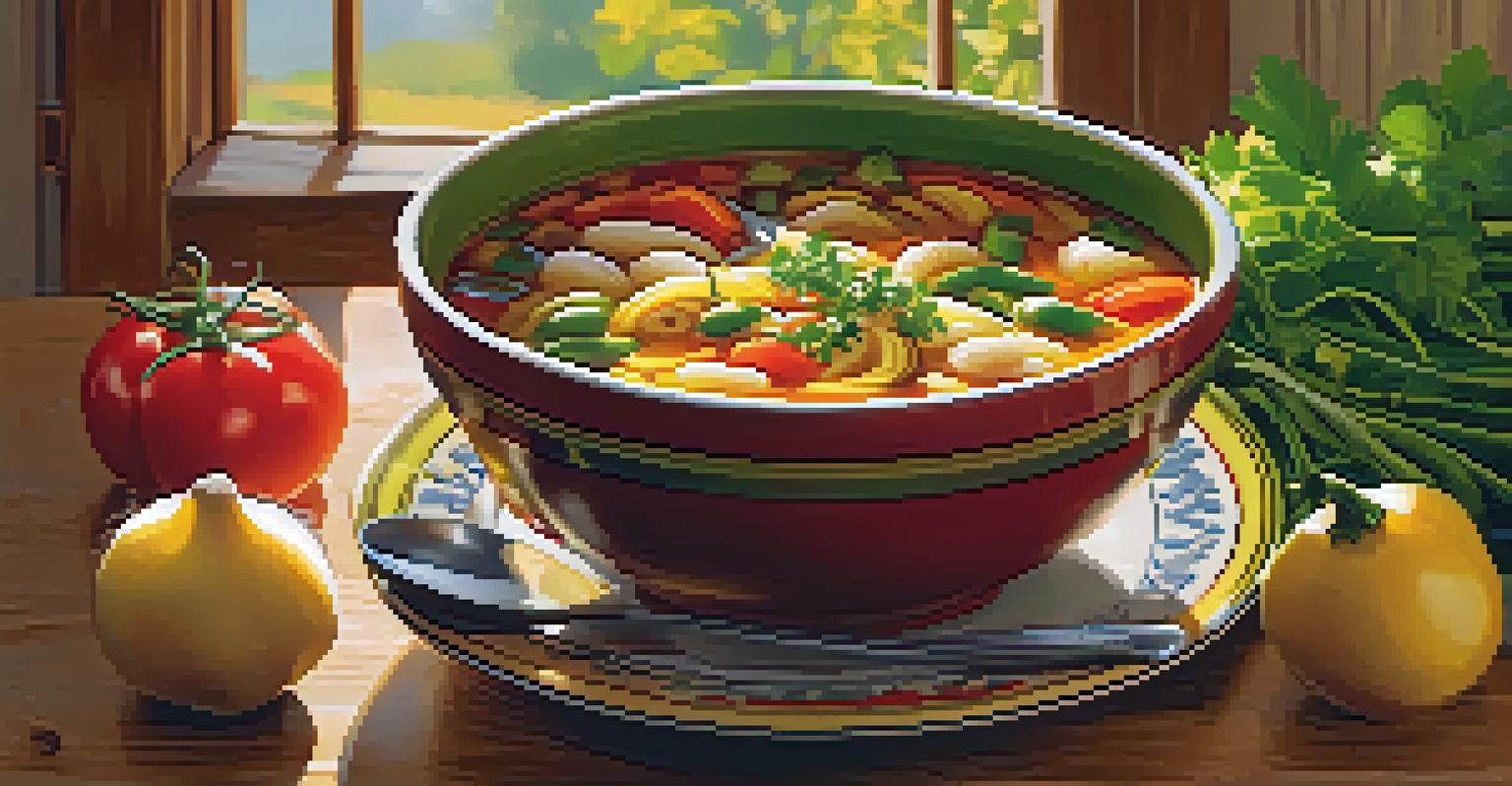 A colorful bowl of vegetable minestrone soup with seasonal vegetables and pasta on a wooden table, illuminated by natural light.