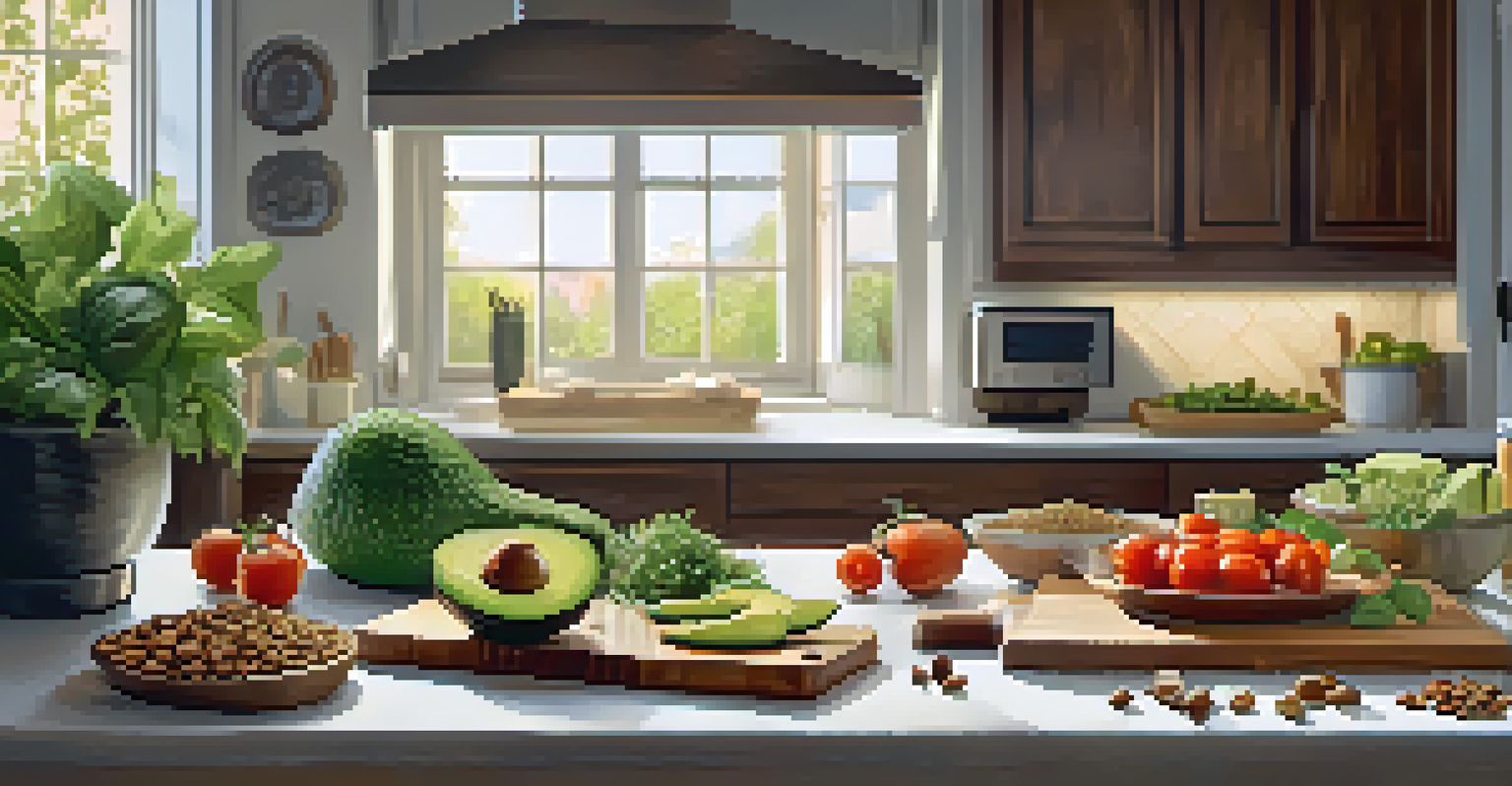 A kitchen scene with a cutting board displaying sliced avocado, nuts, and a fresh vegetable salad drizzled with olive oil, surrounded by potted herbs.