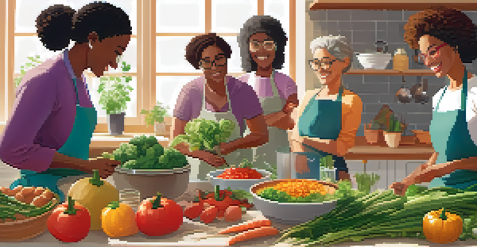 A diverse group of people participating in a vegan cooking class in a bright kitchen, with fresh vegetables and an instructor demonstrating vegetable chopping.