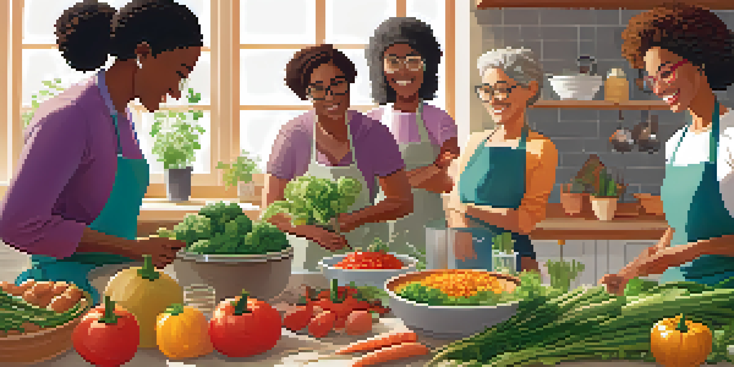 A diverse group of people participating in a vegan cooking class in a bright kitchen, with fresh vegetables and an instructor demonstrating vegetable chopping.