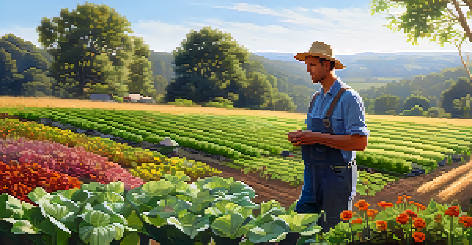 A farmer tending to a diverse garden in a sunlit field, surrounded by plants and flowers.