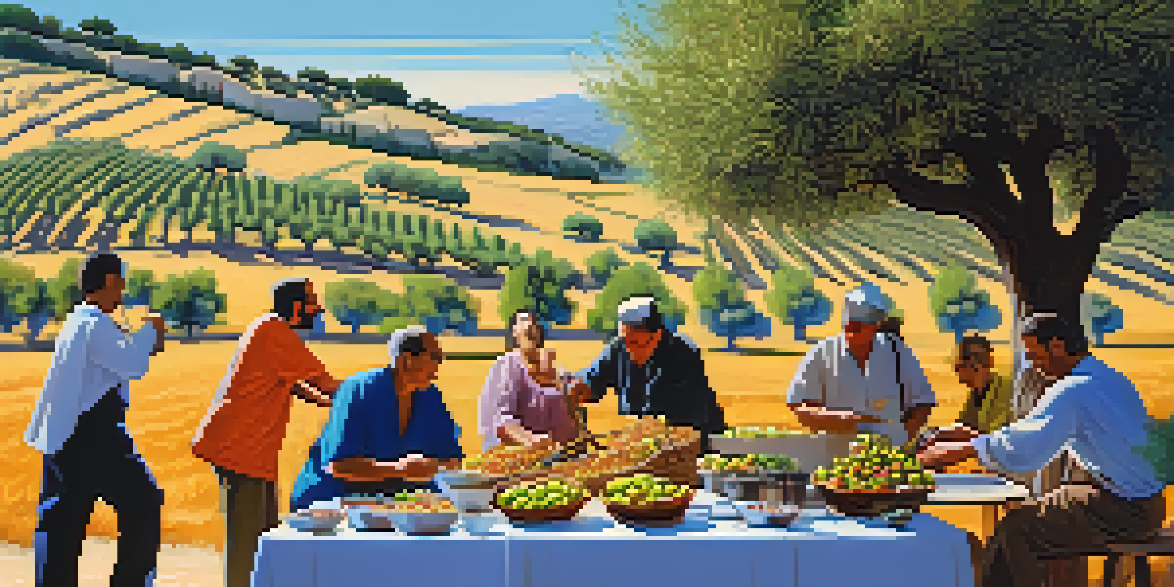 A lively Mediterranean olive harvest festival with artisans showcasing olive products, festival-goers sampling food, and olive trees in a sunny landscape.
