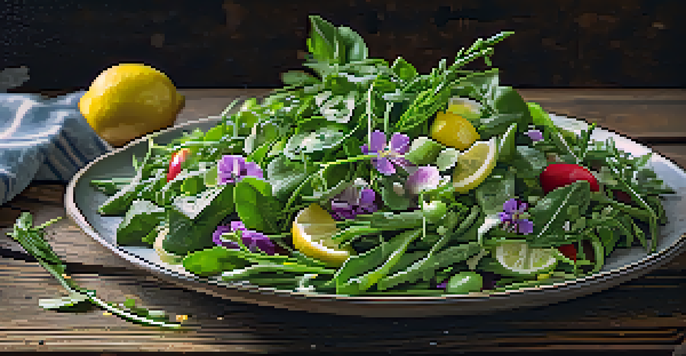 A colorful spring salad with fresh greens, asparagus, and peas drizzled with lemon vinaigrette on a wooden table.