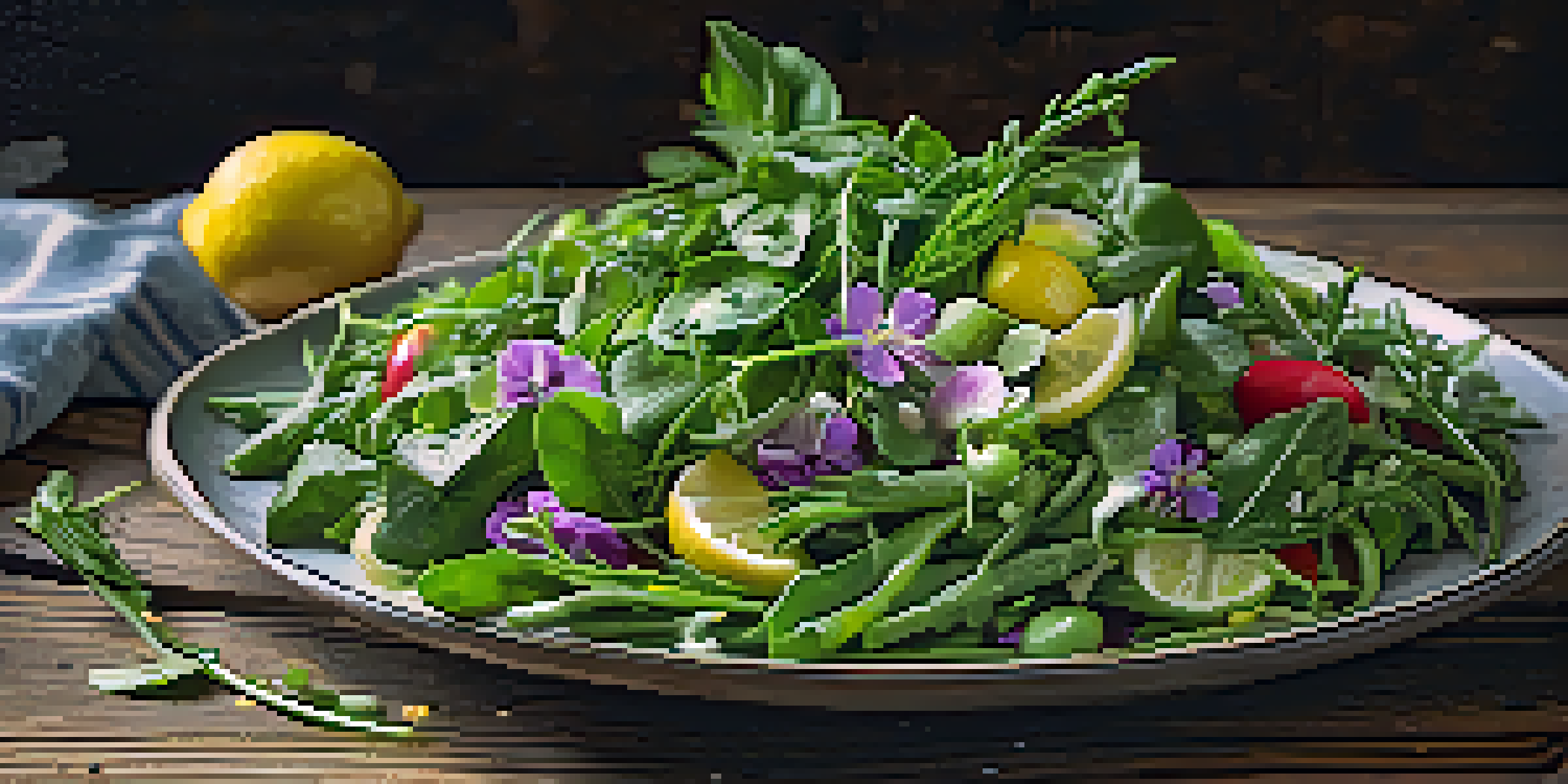 A colorful spring salad with fresh greens, asparagus, and peas drizzled with lemon vinaigrette on a wooden table.