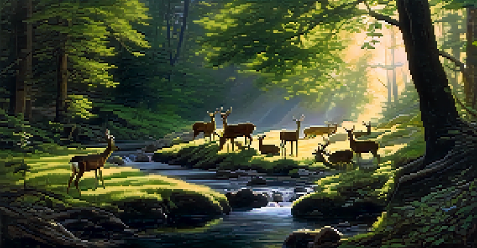 A peaceful forest scene with a deer by a brook and birds in the trees, showcasing harmony among animals.