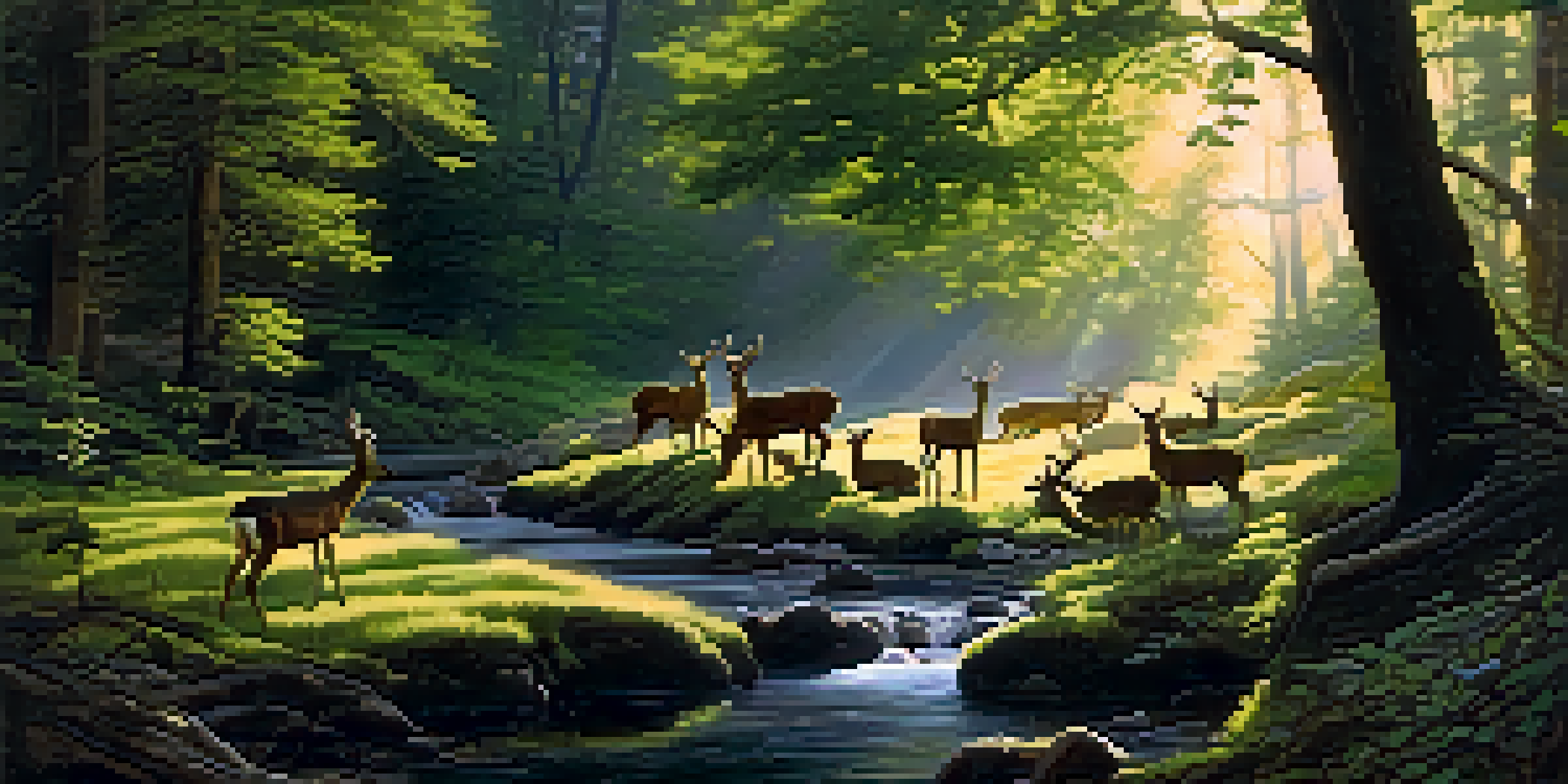A peaceful forest scene with a deer by a brook and birds in the trees, showcasing harmony among animals.
