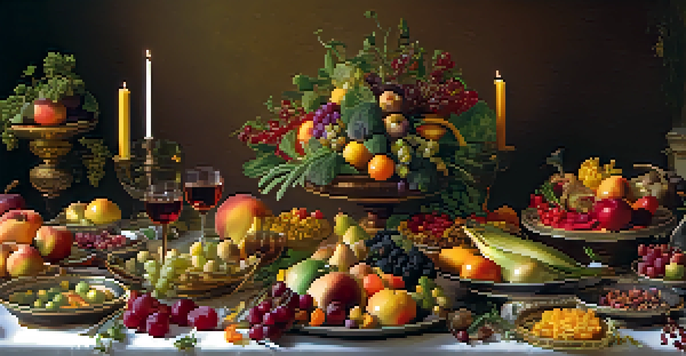 A table set for a Renaissance feast with an array of fruits, vegetables, and grains, illuminated by candlelight.